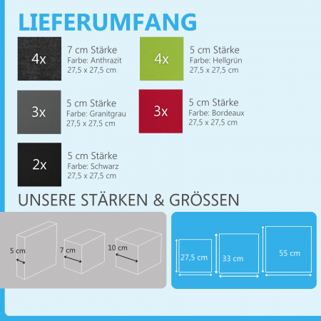 Wandbild Quadrate 16-tlg. Schalldämmung aus Basotect ® G+ / Schallabsorber - Elemente - Set 30