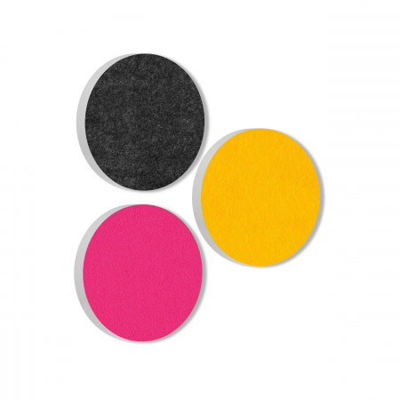 3 Acoustic sound absorbers made of Basotect ® G+ / Circle anthracite + sunny yellow + fuchsia