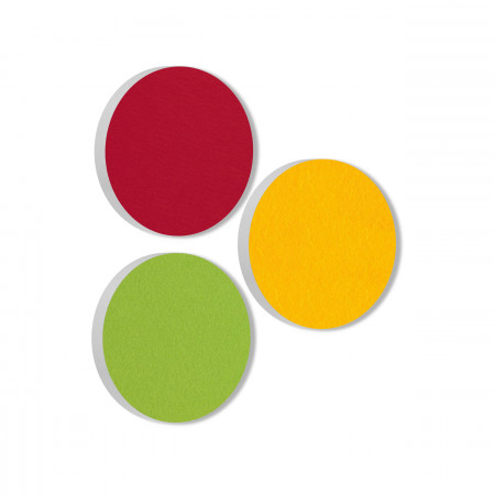 3 Acoustic sound absorbers made of Basotect ® G+ / Circle bordeaux + sunny yellow + light green