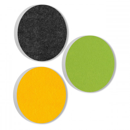 3 Acoustic sound absorbers made of Basotect ® G+ / Circle anthracite + light green + sunny yellow