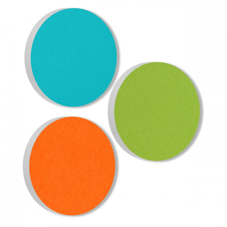 3 Acoustic sound absorbers made of Basotect ® G+ / Circle turquoise + light green + orange